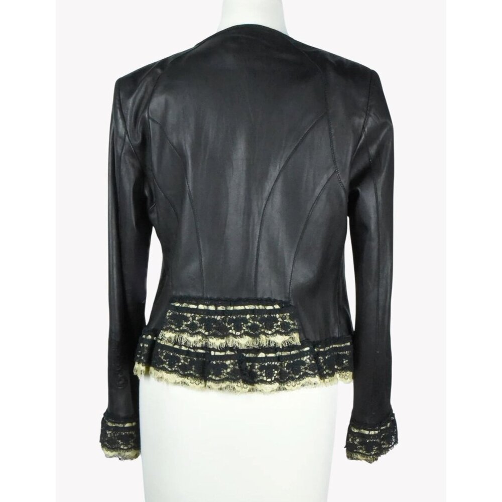 Peter Nygard Womens Black Genuine Leather Jacket With Lace Trim Size 16 - Picture 2 of 10